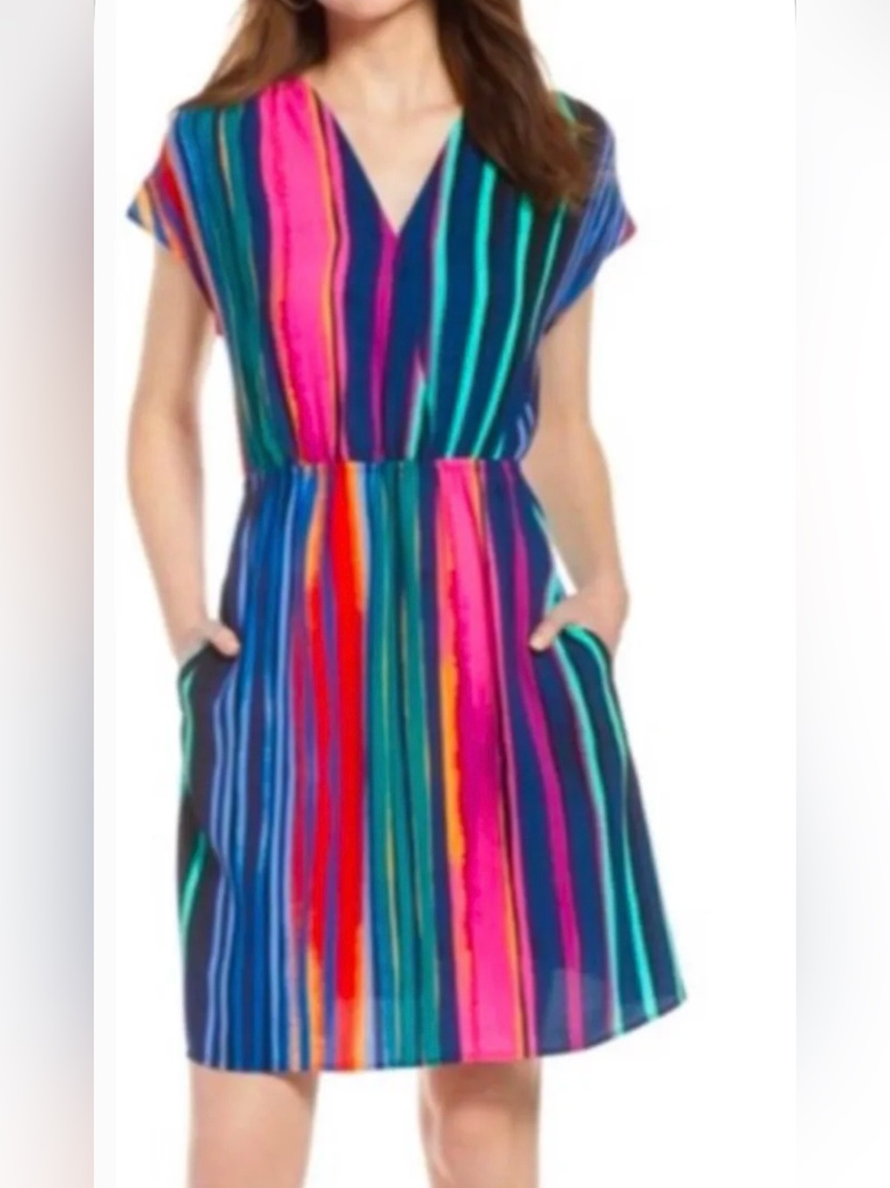 Halogen Vibrant Multicolor Striped V‑Neck relaxed Dress